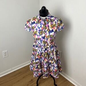 Joy Joy Floral Print Short Sleeve Tiered Button Front Shirt Dress Cotton XS